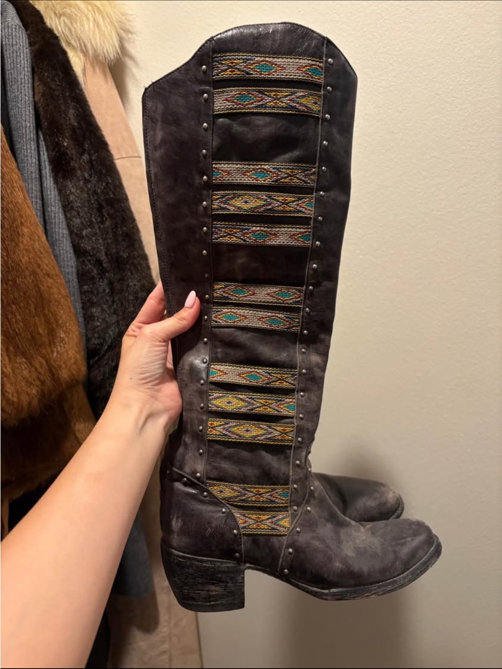 Old Gringo Black Leather Over-the-Knee Boots with Multicolor Embroidered Panels
